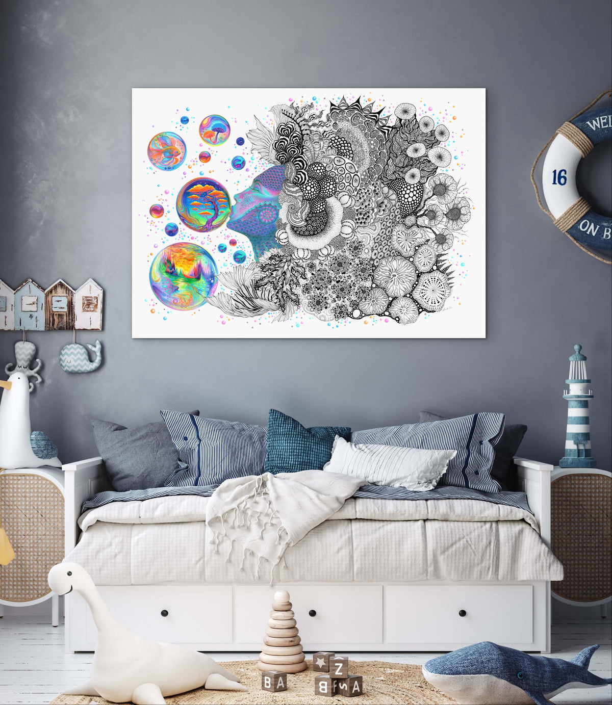 'Undinėlė' juodai balta originalaus piešinio reprodukcija ant drobės